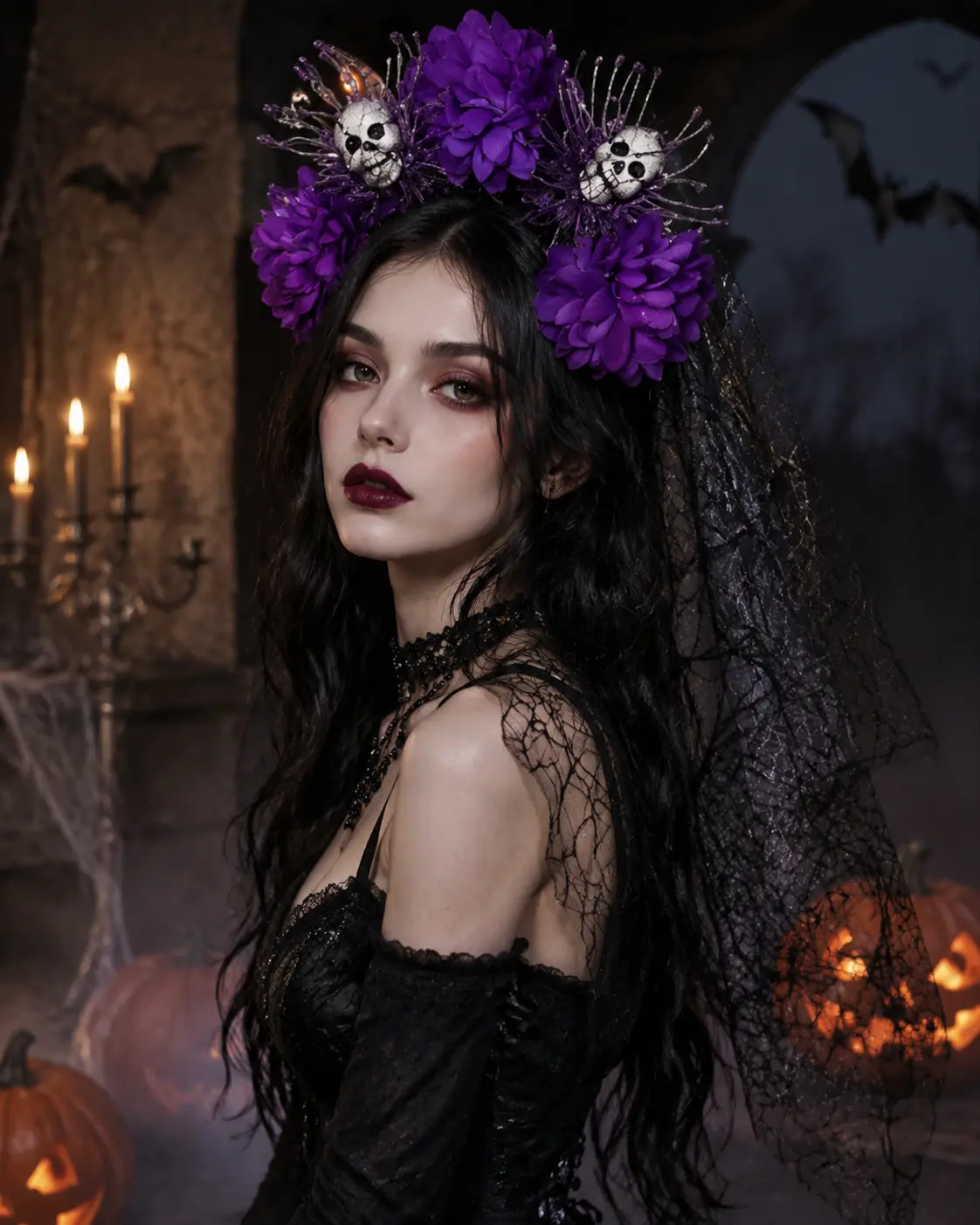 Skull Veil Headband Floral Lace Gothic Hairpiece, Lightweight Comfortable Fit for Women, Day of the Dead Cosplay Halloween Party Accessory, Decorative Flower Veil Headband