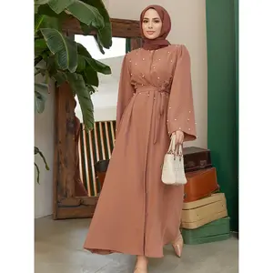 Ramadan Button Front Tie Waist Beaded Burqas, Elegant Long Sleeve Maxi Length Dress, Women's Clothing