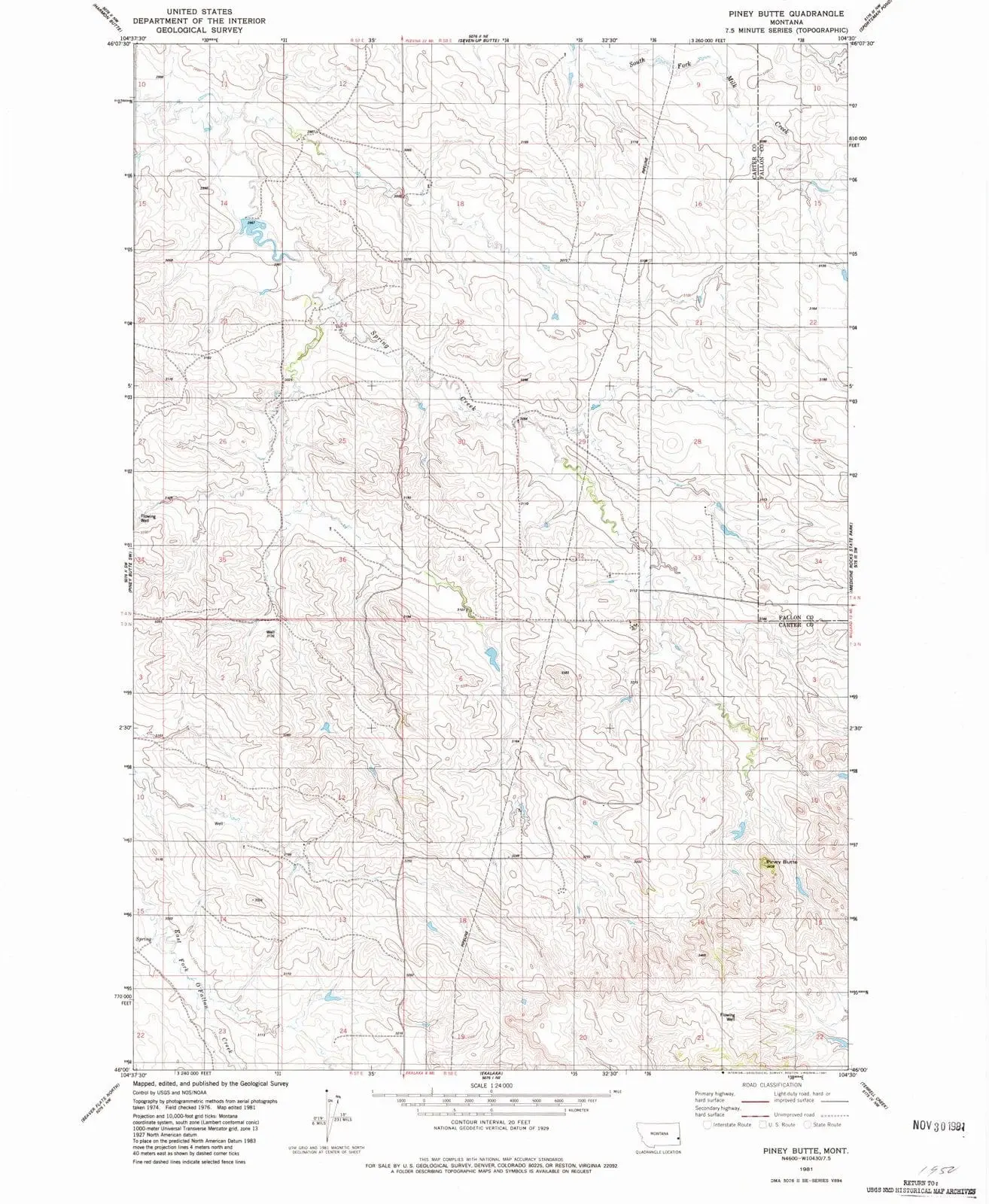 Piney Butte Montana USGS Topographic Quadrangle Map, 1981, 1:24000