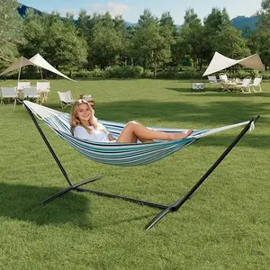 Double Hammock with Stand - Heavy Duty 450lbs Capacity, Portable Cotton Hammock for Two Adults, Indoor & Outdoor Use with Travel Bag