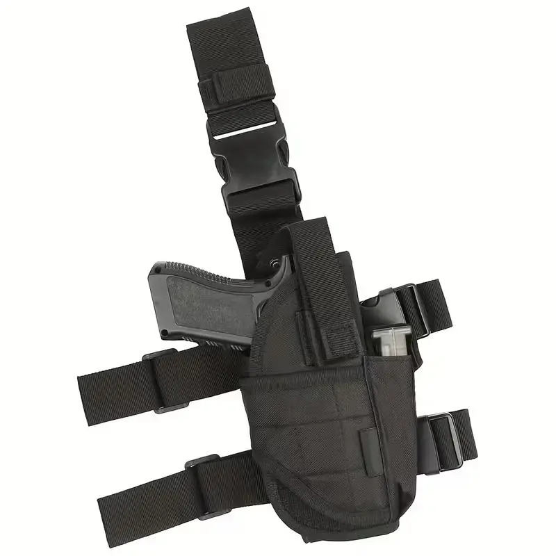 Right-Hand Adjustable 9mm Drop Thigh Holster with Leg Strap, Magazine Pouch, Durable Nylon Construction - Black Tactical Accessories for Hunting, Fishing, Buckle, Outdoor, Integrated Mag Holder, Quick Snap Buckle, Sturdy Construction