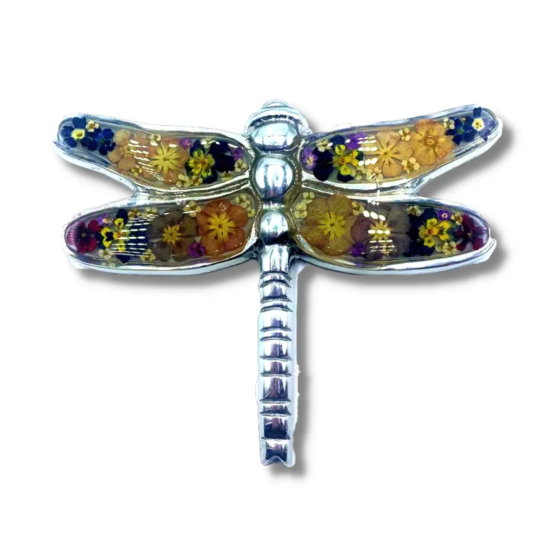Dragonfly Wall Ornament w/ Pressed Flowers 5" x 6"