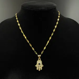 D'Luxe Essentials 14k Stainless Steel Hamsa Hand Pendant Necklace Unisex Fashionable Jewelry with Blue Gemstone