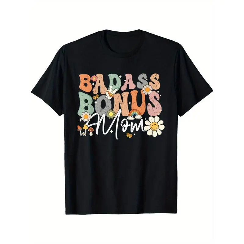 Badass Bonus Mom Graphic T-Shirt, Casual 100% Cotton Tee with Floral Print, Breathable Shortsleeve Funny Stepmom Gift, Streetwear, Basic, Everyday, Fit