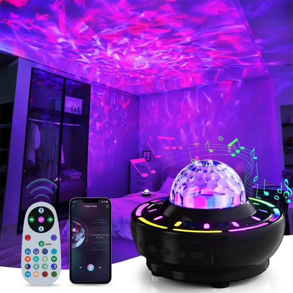 RGB LED Galaxy Projector Starry Night Light - Colorful LED Lights Bedroom Audio Device with RGB Projections, Ocean Wave & Wind Projections, Automatic Features, Speaker, Remote Control, USB Cable for Home Relaxation, Led Effects