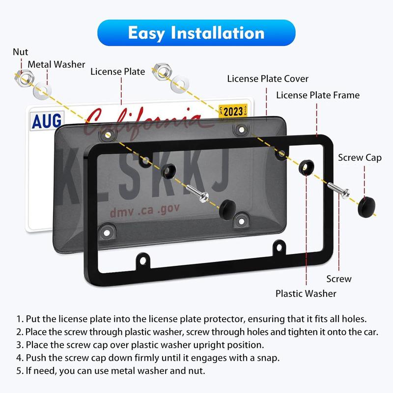 2 Pack Car License Plate Covers & Frame Combo, Front/Rear Car License Plates Shields Holder with Screw Caps for US Standard Cars