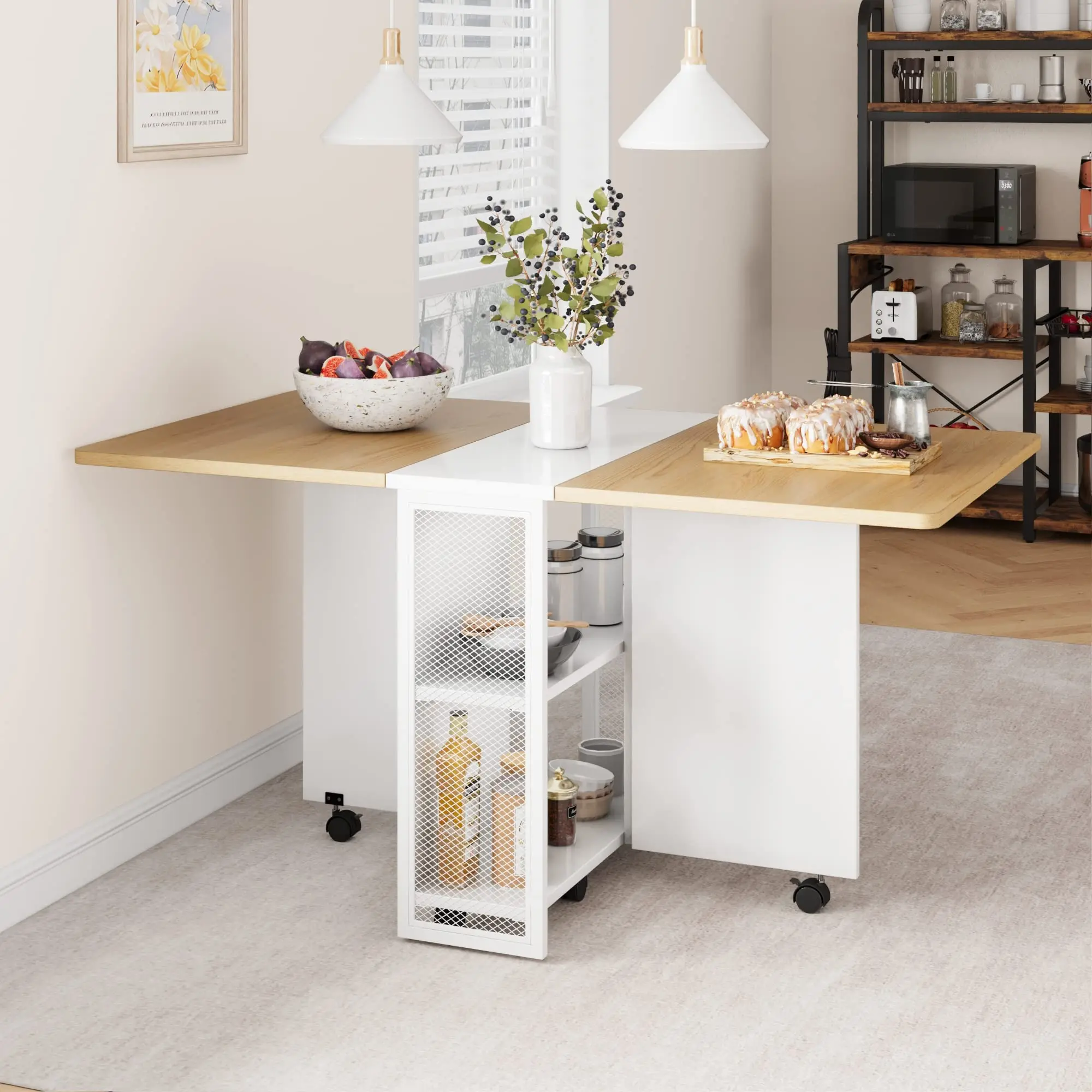 【GARVEE】Mobile folding table, dining table with 2 shelves and wheels, extendable dining table for dining room, living room, kitchen, small spaces, wooden cabinet + white cabinet, 127 x 80 x 75 cm