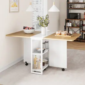 【GARVEE】Mobile folding table, dining table with 2 shelves and wheels, extendable dining table for dining room, living room, kitchen, small spaces, wooden cabinet + white cabinet, 127 x 80 x 75 cm