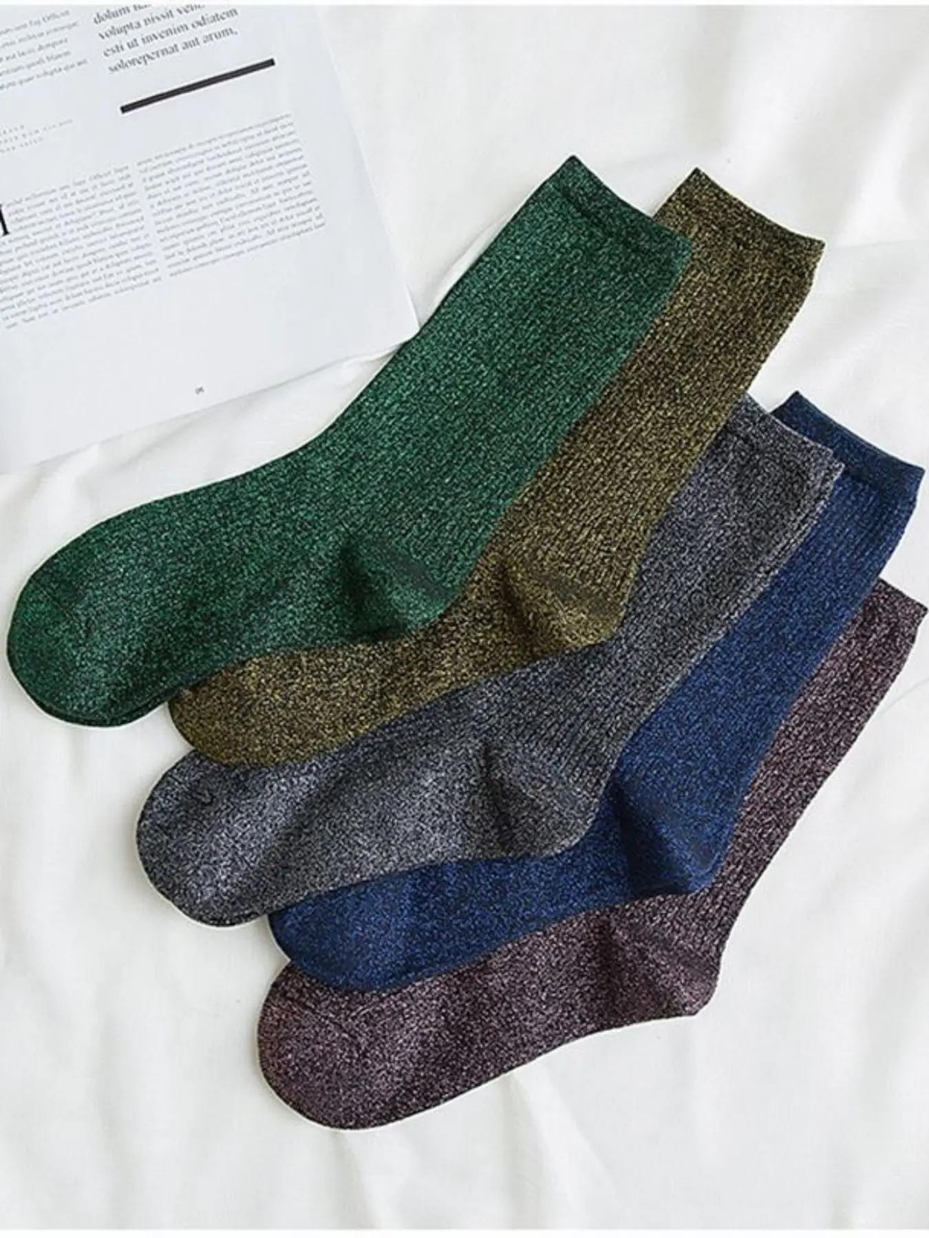 Women's Mid-Calf Socks Set of 5, Spring & Fall Fashion Long Tube Gold Silver Color Sequined Sparkle, Breathable Sweat Absorbent All Seasons