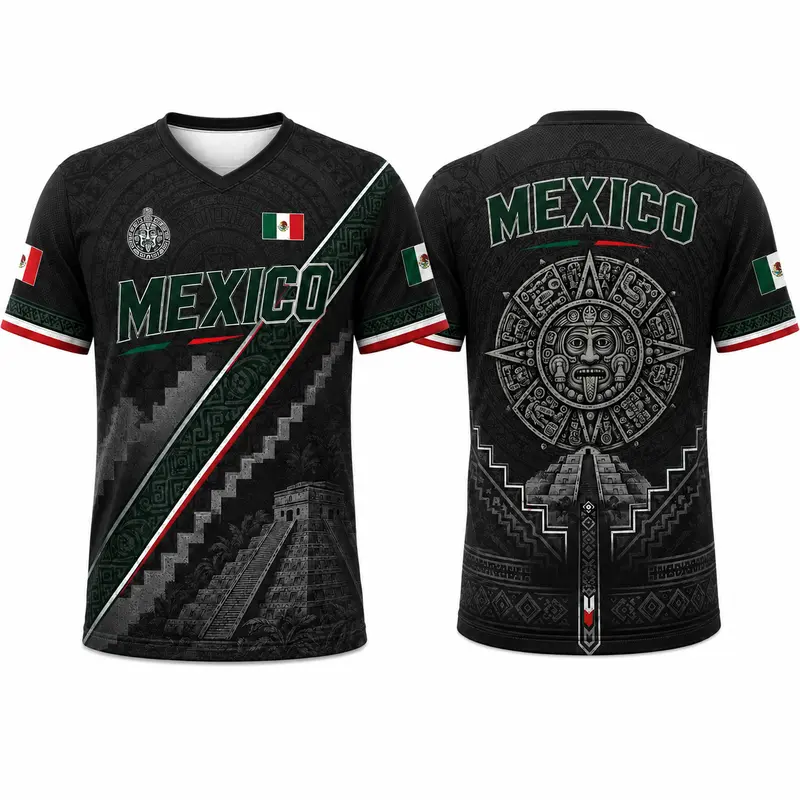 2026Men’s Mexico Heritage V-Neck Graphic Tee, Breathable Mesh Short Sleeve Shirt, Green & White Casual Summer Top