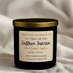 Essential Flames & Co Saffron Sunrise 16oz Candle - Blood Orange Saffron Golden Amber Hand Poured in Nevada Natural Soy Wax