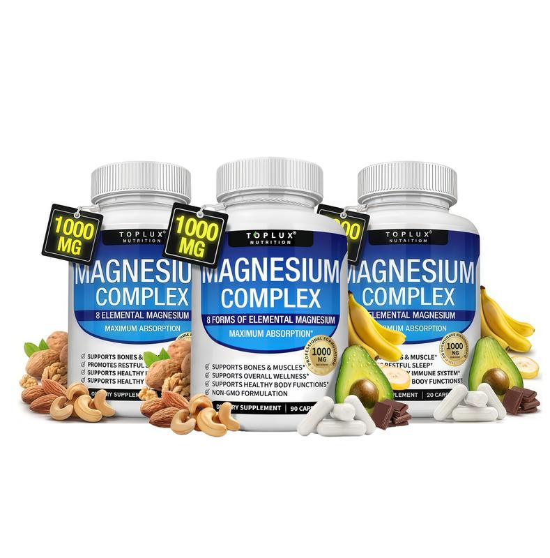 3 Bottles of Magnesium Complex 7 Elemental - Magnesium Glycinate, Citrate, Malate,Taurate,Complete Chelated Mineral Supplement for Easy Absorption for Bones, Sources  Men Women Bone Muscle Sleep Immune Support Nature Decent Fitness Dietary Supplement
