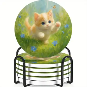 Set of 6 coasters, Seaside Flower Field design, ceramic material, non-slip and heat-resistant, ideal for coffee and beverages, perfect for home and restaurant decoration, a beautiful birthday or holiday gift