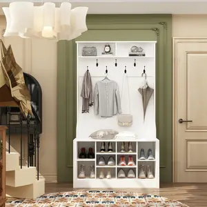 Modern Hall Tree with Storage Bench, 4-in-1 Entryway Bench, Coat Rack, 7 Hooks, Shelves & 10 Cubes for Hallway, Living Room Decorative Fitting