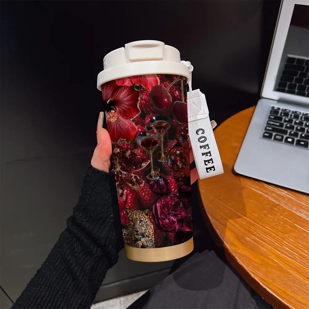 530ML Insulated Tumbler, Boho Style Abstract Pattern, Stainless Steel, Travel Mug with Straw and Strap, Ideal Gift for Holidays