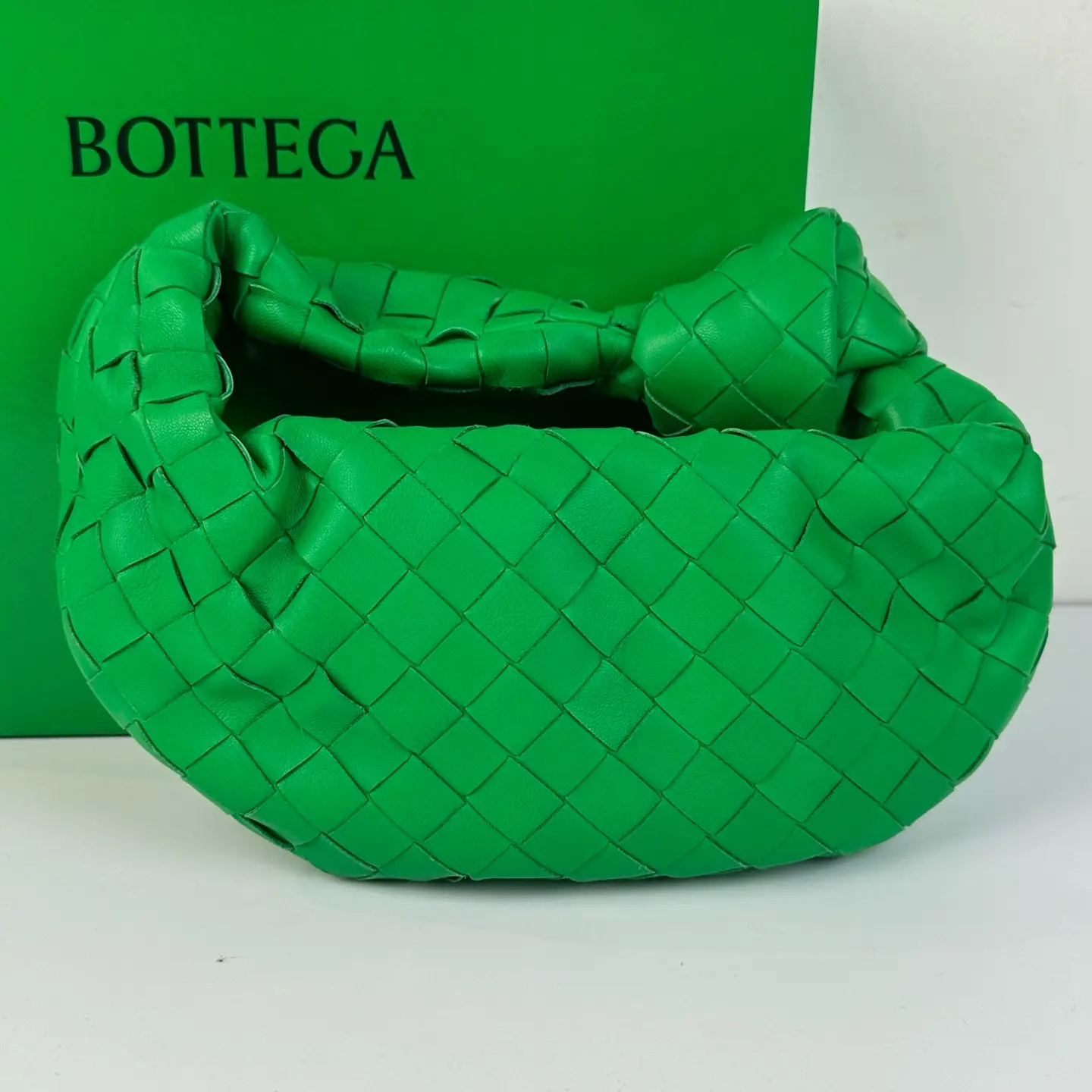 Pre-owned BOTTEGA VENETA Parakeet Green Intrecciato Nappa Leather Mini Jodie Knot Hobo Bag