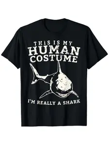 [ Graphic Tee] Black Vintage-Inspired T-Shirt for Men - "THIS IS MY HUMAN COSTUME" with Retro Shark Illustration, Fun and Playful Design, Perfect for Halloween, Loose Fit, Crew Neck, Ideal for Casual Wear
