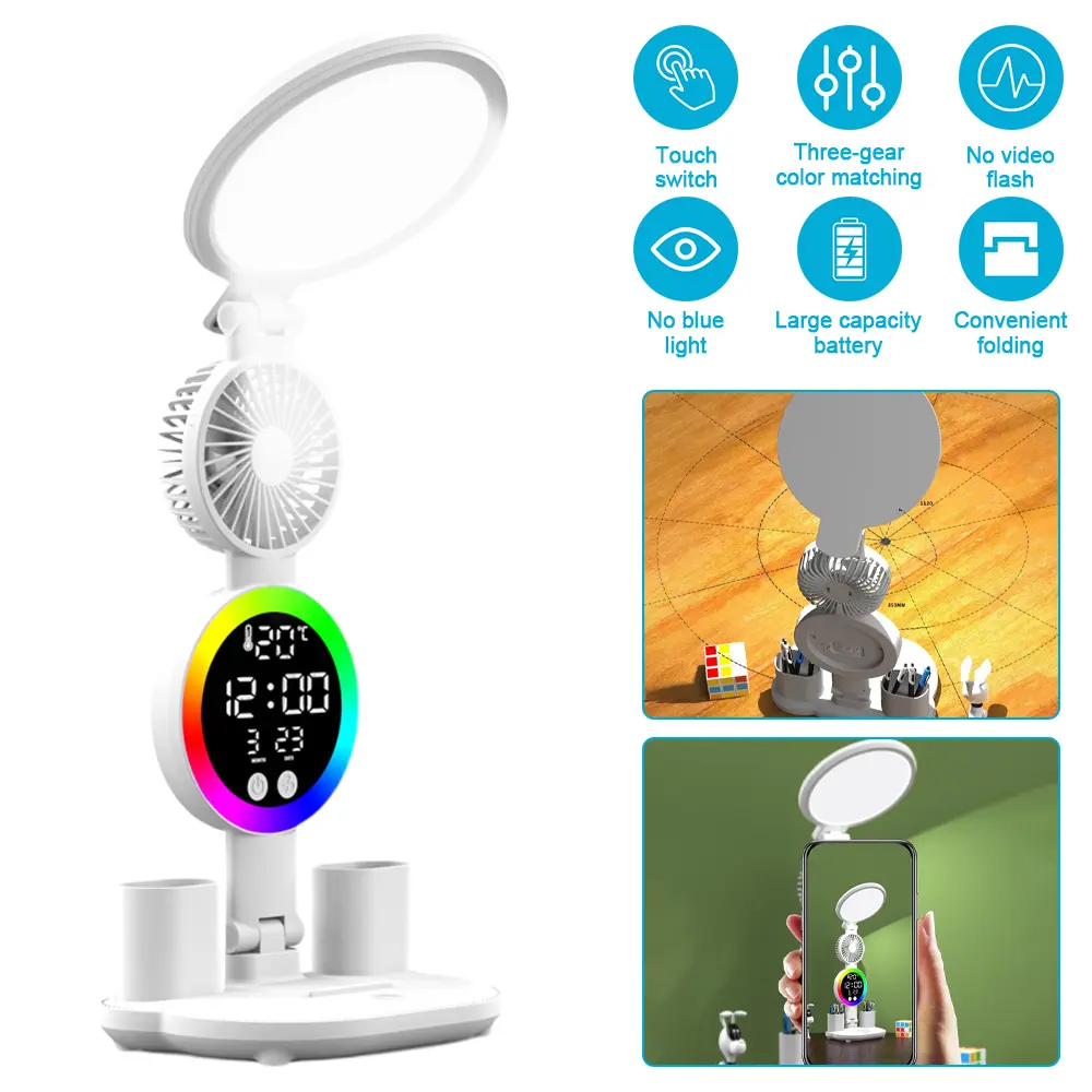 Ambient LED Desk Lamp - 360° Swivel Adjustable, USB Charging, Touch Control, 3-Speed Fan, Intelligent Temperature & Time Display, USB-Powered Desk Accessory for Dorms, Bedrooms