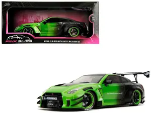 Nissan GT-R (R35) Liberty Walk Body Kit 2.0 (RHD) Green and Matt Black "Pink Slips" Series 1/24 Diecast Model Car by Jada
