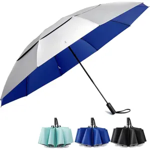 46/62 Inch Large Travel Umbrellas for Rain Windproof, 10 Ribs Compact Reverse Folding Golf Umbrella, Double Canopy Automatic Open Close