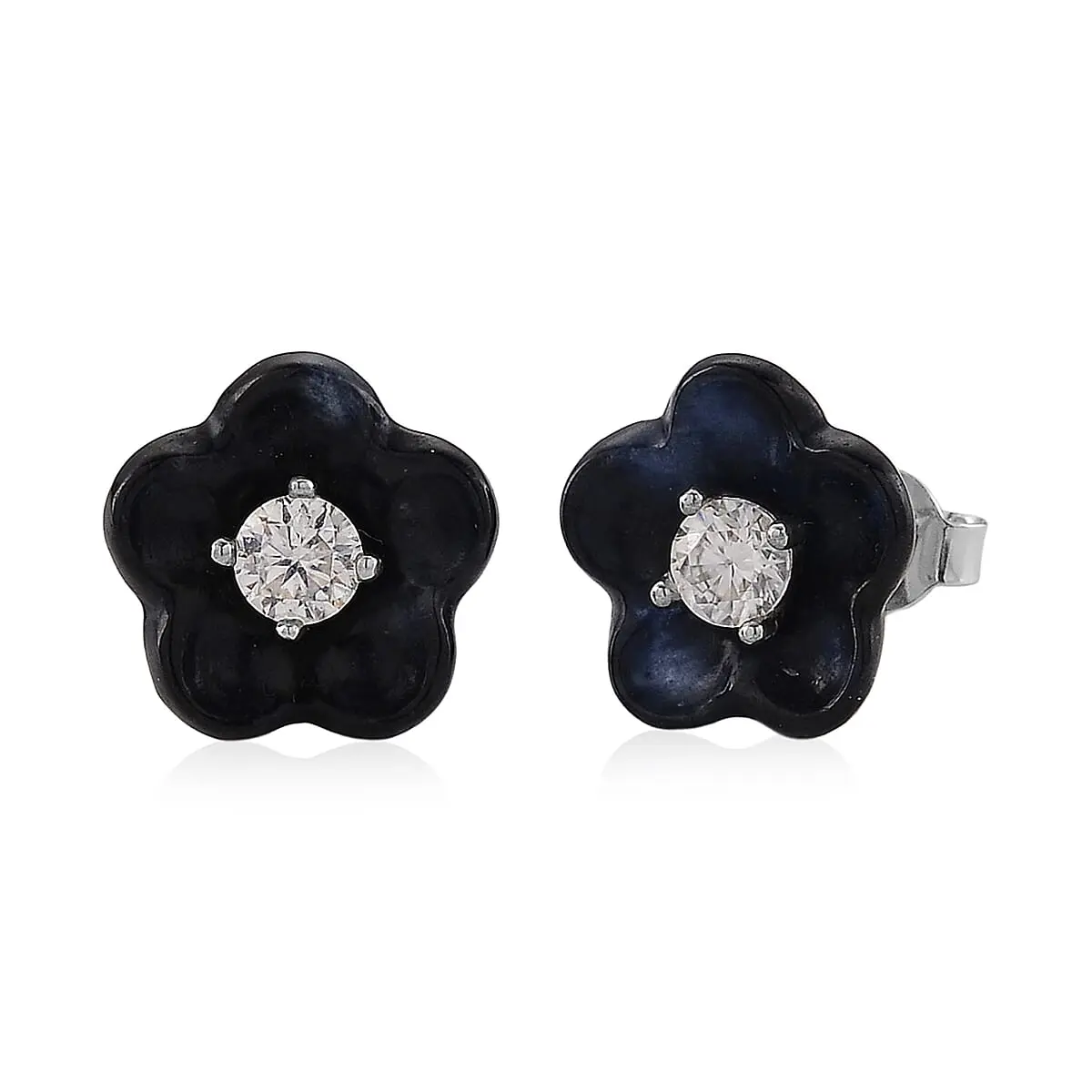 Moissanite and Black Jade D 8.25 ctw Carved Flower Earrings in Rhodium Over Sterling Silver