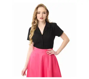 Unique Vintage Black Jacquard Notched Collar Blouse