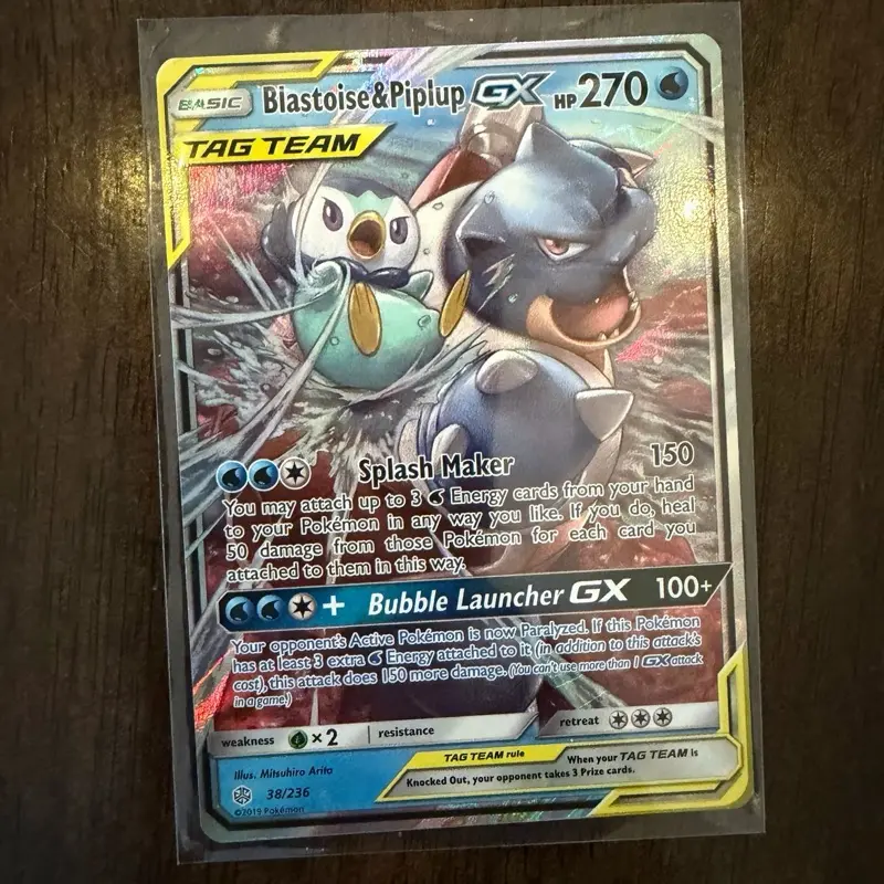 Blastoise & Piplup GX Trading Card - 38/236, 2019 Cosmic Eclipse TAG TEAM Ultra Rare