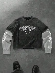 Men's Abstract Design Faux Two-Piece Round Neck Cotton Long Sleeve T-Shirt, Vintage Streetwear Comfort Athletic Fashion Activewear Sportswear for Daily Wear