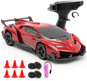 QUN XING Remote Control Car 1:24 Officially Licensed Lambo veneno RC Drift Car with LED Lights 2.4GHz 4WD 15KM/H Fast Speed Control Rechargeable Battery 800mah Birthday for Kids Boys 8-12，red
