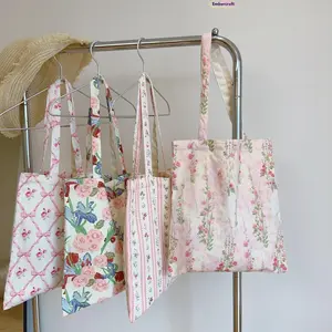 Sweet Pink Flower Cotton Canvas Shoulder Bag – Practical Student Book Bag, Lightweight & Durable Tote for School, College, Daily Use, Casual Outings, Travel, or Shopping Essentials