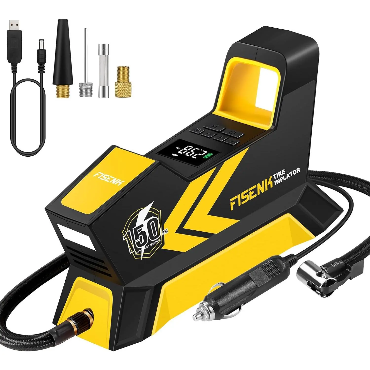 Tire Inflator Portable Air Compressor, Dual Power150PSI Cordless Tire Inflator with  LCD Tire Pressure GaugeCar Motorcycle E-Bike Ball