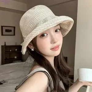 Spring/Summer Japanese-style Rolled-edge Versatile Plaid Bucket Hat for Women, Lightweight Sun Protection Hat