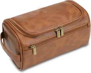 Premium Unisex Travel Makeup Bag Organizer with Hanging Hook Waterproof PU Cosmetic Pouch for Men Women Elegant Brown Toiletry Pouch with Golden Zipper