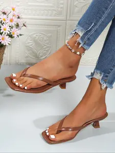 Women's Plain Color Square Toe High Heel Sandals, Versatile Slip-On Flip Flops, Trendy Work Commute & Daily Wear Shoes, Kitten Heel Sandals