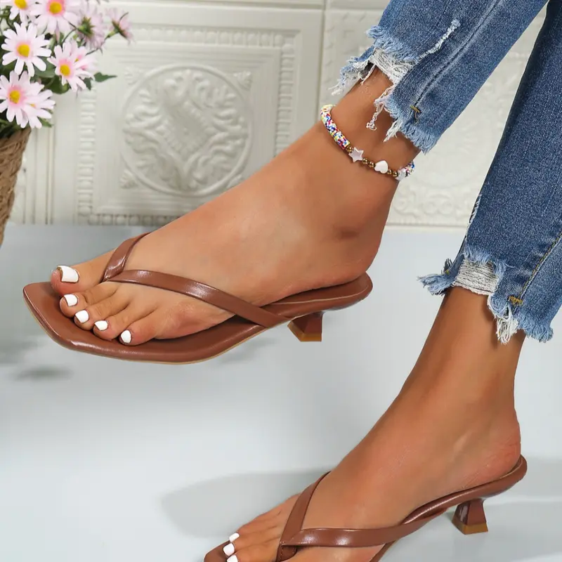 Women's Plain Color Square Toe High Heel Sandals, Versatile Slip-On Flip Flops, Trendy Work Commute & Daily Wear Shoes, Kitten Heel Sandals, Elegant Fashionable Sandals