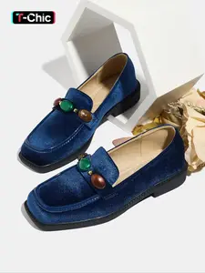 Women's Fashion Fall New Velvet Thick Rubber Sole Blue Square Toe Mid Heel Soft Bottom Outdoor Lightweight Breathable Slip-On Walking Shoes Loafers Footwear