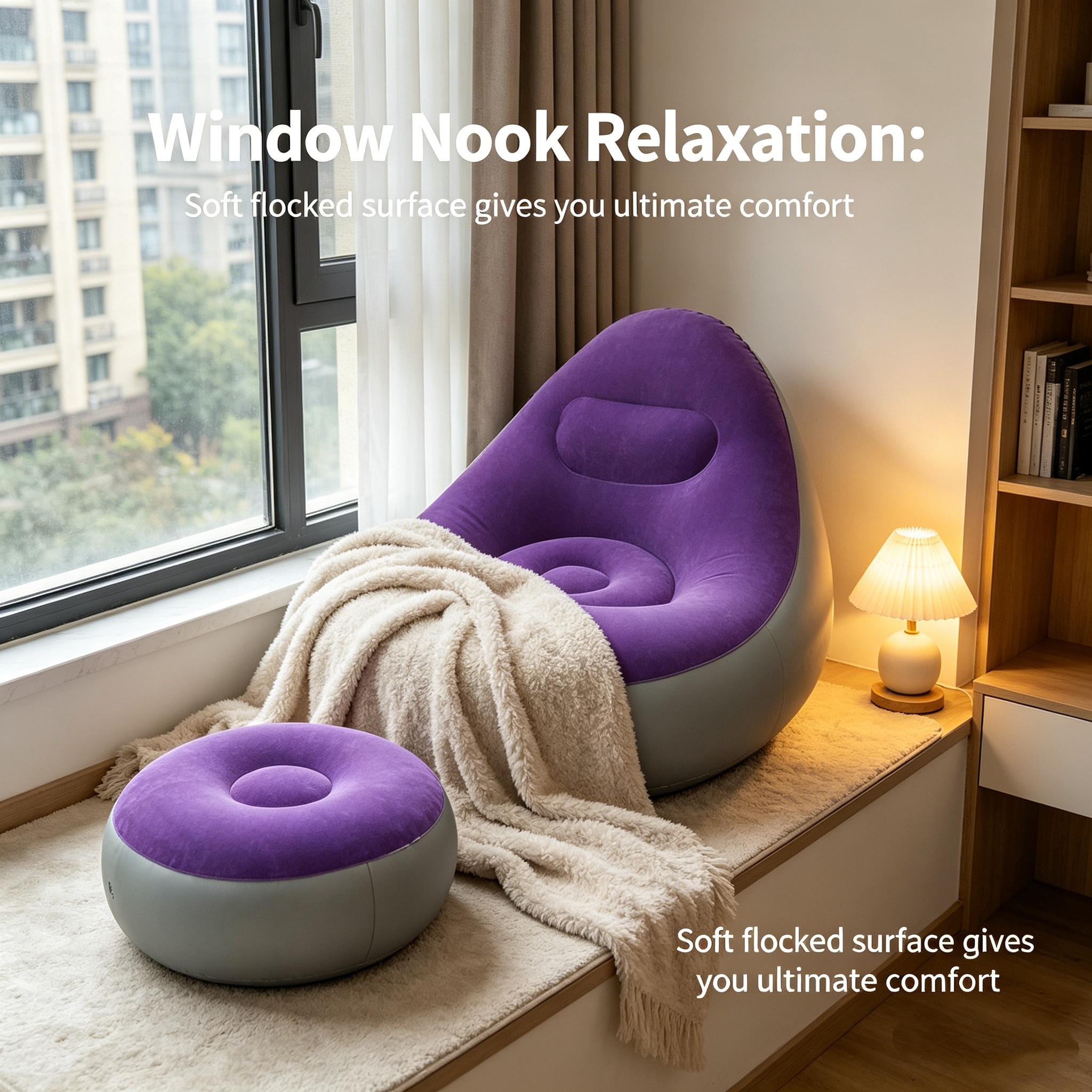 1pc purple Foldable Inflatable Recliner with Footrest, Comfortable Flocked Nylon Texture, Portable Lightweight Lounge Sofa for Home Bedroom Balcony Camping Outdoor Use