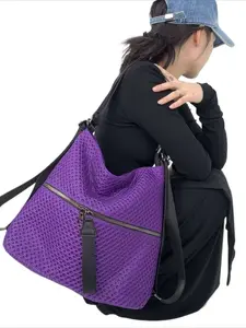 Ladies' Fashion Mesh Lightweight Multi Zipper Shoulder Bag, Multi functional Backpack Shoulder Bag, Large Capacity Daily Use Portable Wide Shoulder Strap Multi functional Crossbody Bag Purple