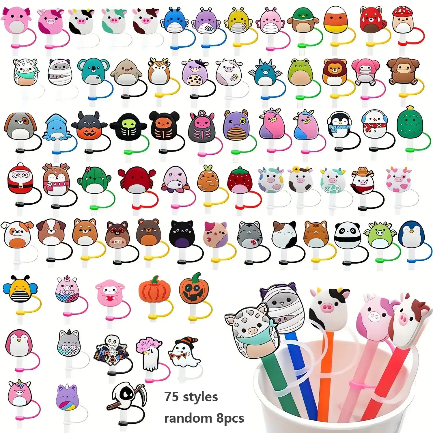 Random Cartoon Pattern Silicone Straw Cap, 8 Counts Dust-proof Straw Cover, Straw Cap for Home Kitchen & Outdoor Sports, Drinking Accessories, Kitchen