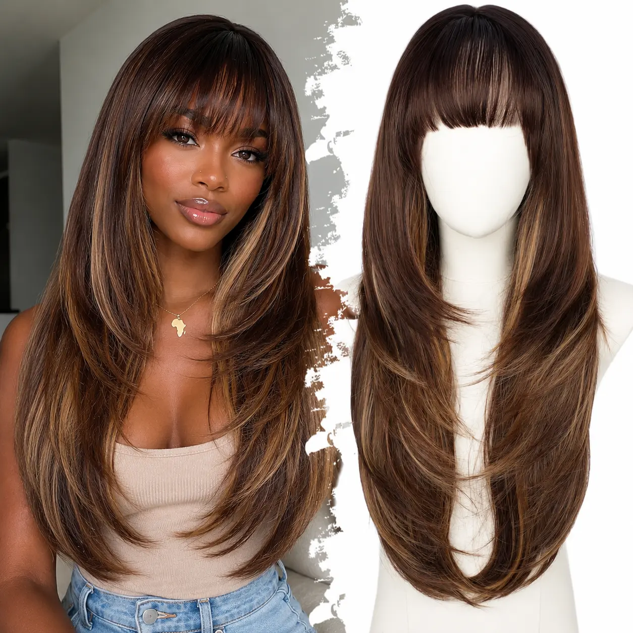 LongHighlight Wig with Bangs for Women,Realistic Scalp,Free Parting,Layered Hairstyle Synthetic Heat Resistant for Daily Party Use 26 inch