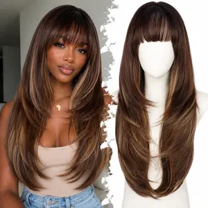 LongHighlight Wig with Bangs for Women,Realistic Scalp,Free Parting,Layered Hairstyle Synthetic Heat Resistant for Daily Party Use 26 inch