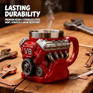 Vintage V8 Engine Mug, Retro Drinking Container, Dual Wall Milk Cup, Car Enthusiast Gift, Mechanics Engineer Father Men Boyfriend Birthday Christmas Garage Juice Drink