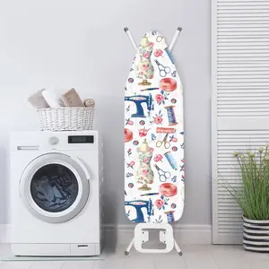 Creative Sewing Machine Print Polyester Ironing Board Cover with Elastic Edge Washable Stain Resistance Waterproof Soft Iron Board Protector Easy To Install with Hook and Loop