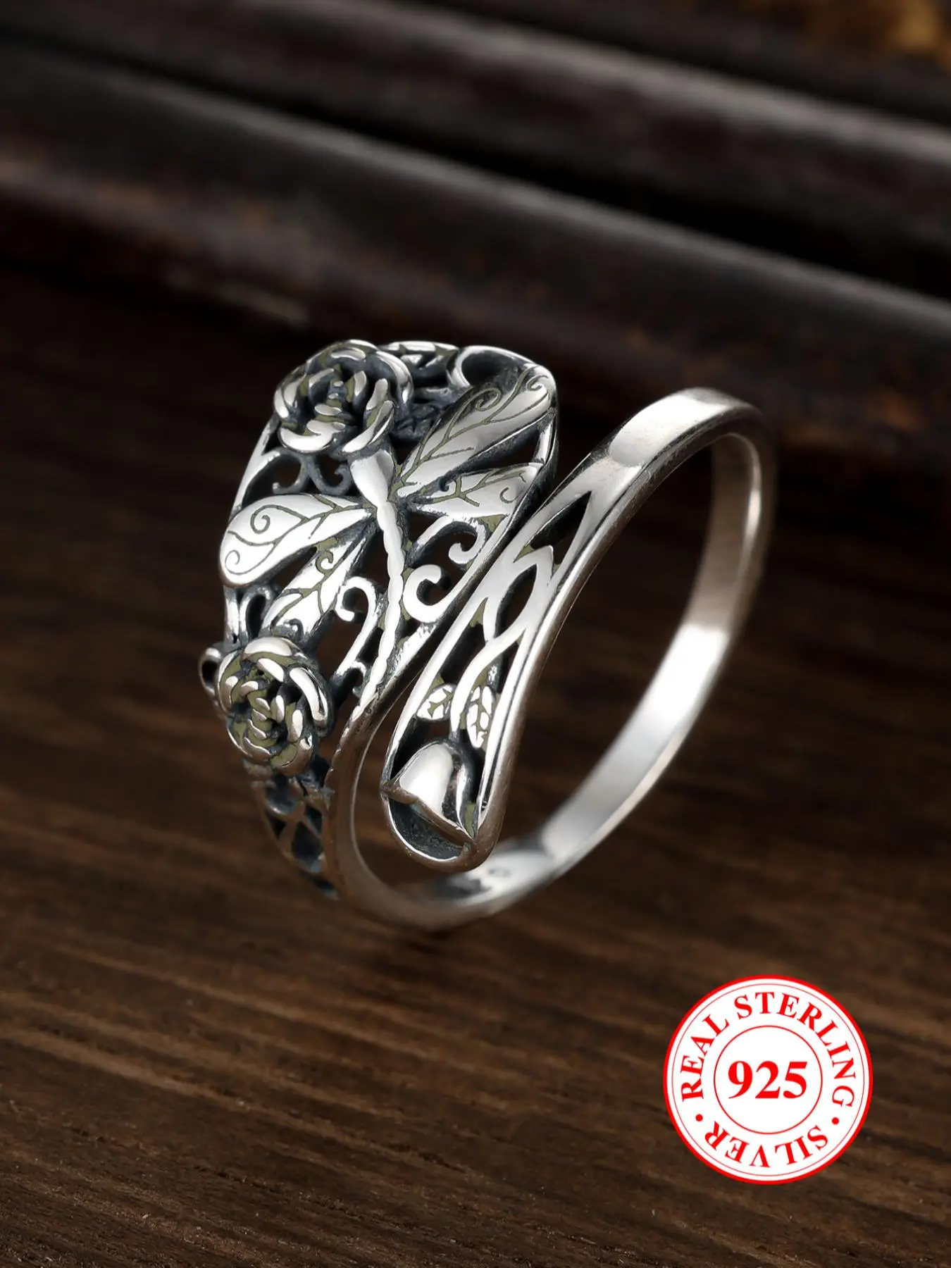 925 Sterling Silver Vintage Hollow Out Flower & Dragonfly Design Cuff Ring, Vintage Embossed Ring, Adjustable Size Ring, Fashion Matching Jewelry Accessories for Women & Men, Vintage Rings, Unique Rings, Vintage Inspired Ring, Beautiful Rings