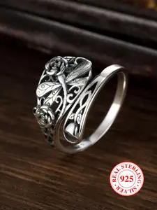 925 Sterling Silver Vintage Hollow Out Flower & Dragonfly Design Cuff Ring, Vintage Embossed Ring, Adjustable Size Ring, Fashion Matching Jewelry Accessories for Women & Men