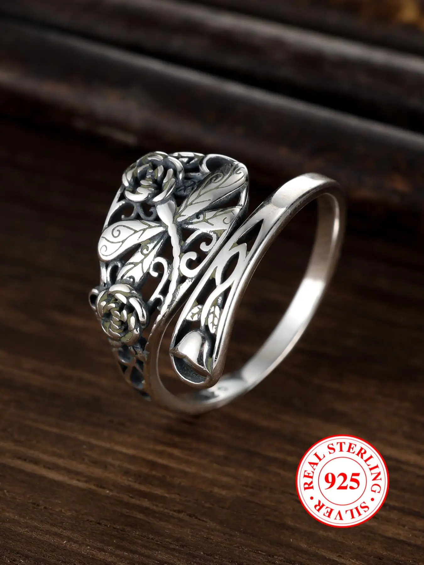 925 Sterling Silver Vintage Hollow Out Flower & Dragonfly Design Cuff Ring, Adjustable Size Ring, Fashion Matching Jewelry Accessories for Women & Men
