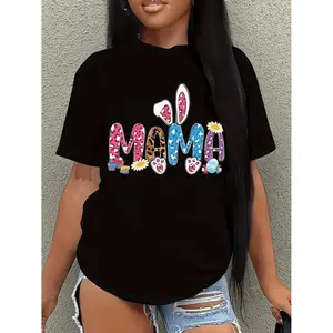 Easter MAMA Cartoon Print T-shirt, Bunny Egg Casual Short Sleeve Crew Neck Tee For Spring And Summer Outdoor Perfect Gift For Couples Best Friends