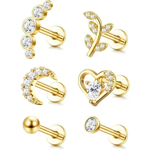 YADOCA 6Counts 16G Cartilage Tragus Stud Earrings For Women Men Internally Threaded CZ Moon Heart Leaf Helix Conch Labret Monroe Ear Piercing Jewelry