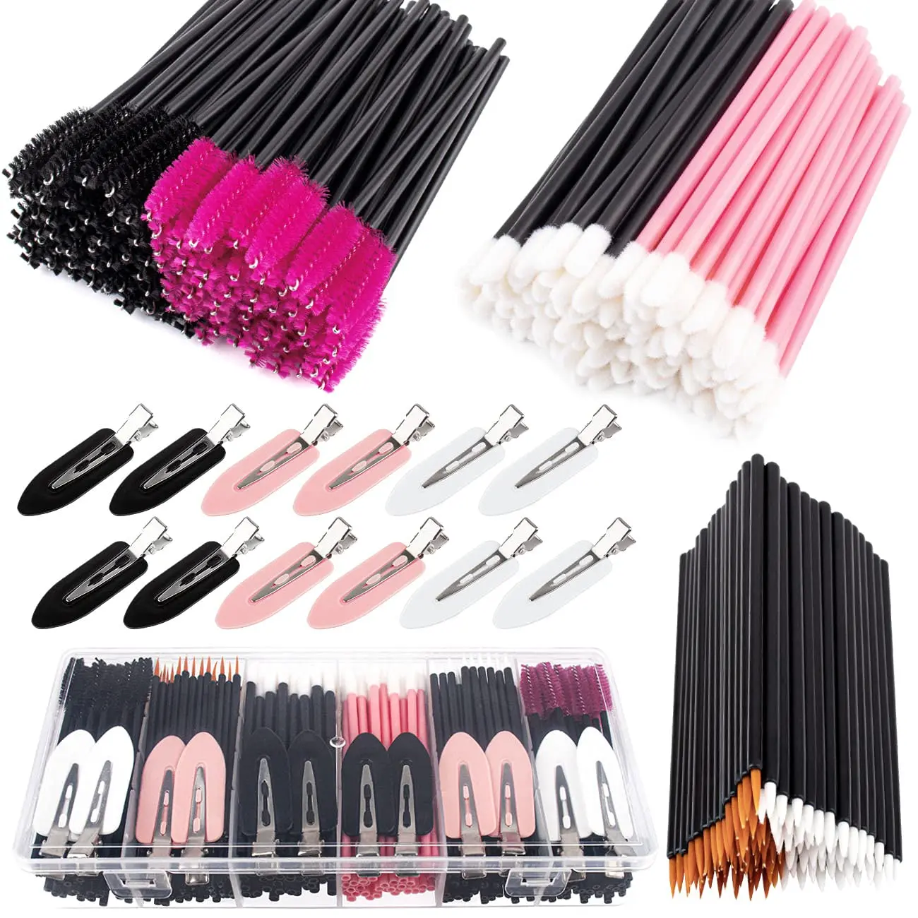 283-Piece Disposable Makeup Tools Kit for Makeup Organization, Colorful Mix of Soft Fiber Brushes for Smooth Application, Includes Hair Clips & Plastic Storage Box for Home & Cosmetic Counter Use