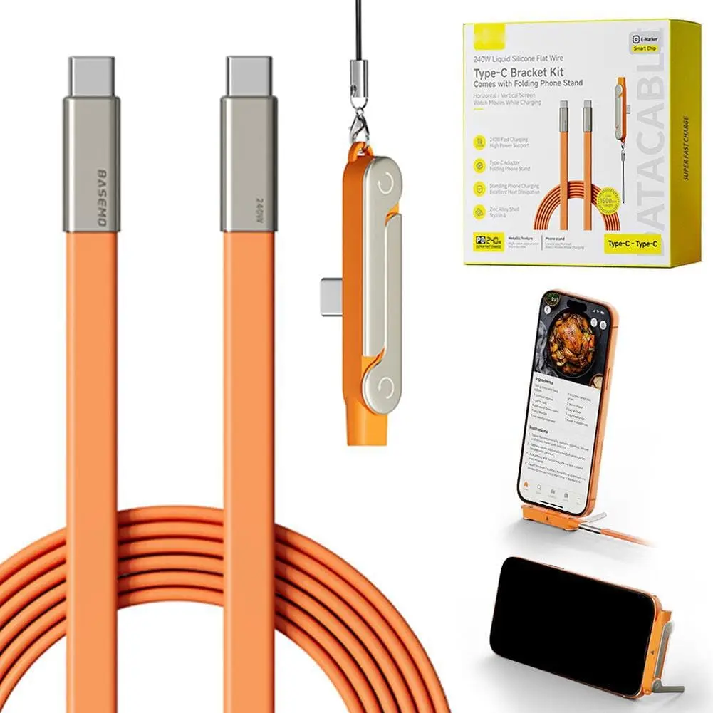 SIDEWAY Phone Charger 240W Silicone Cable with Detachable Stand - Universal Type-C, 90 °   Angle, 480Mbps Data Transfer Speed(orangeset-2Pcs)